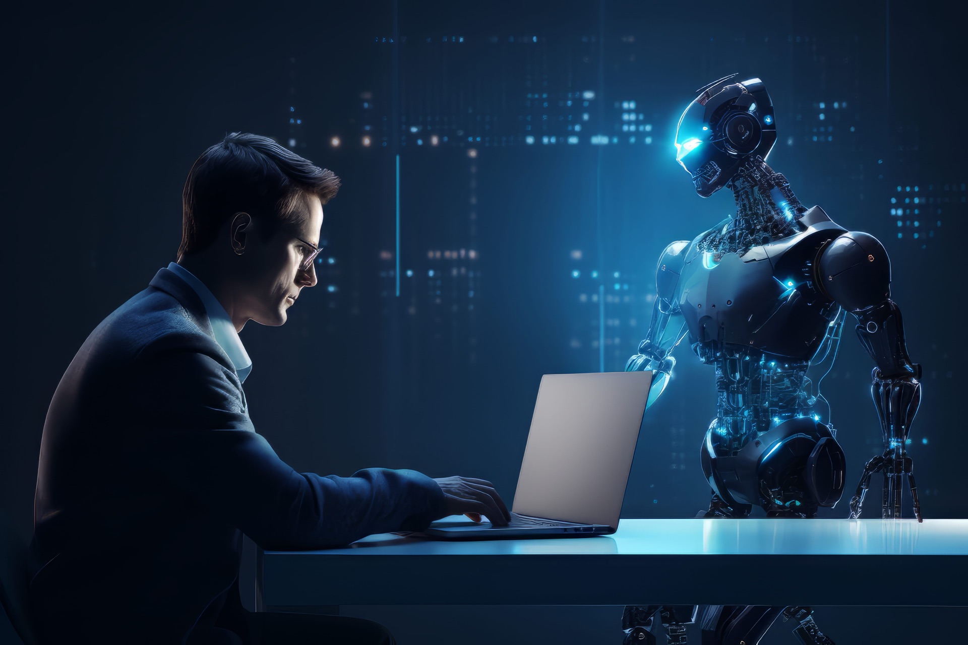 A person working at a laptop opposite a humanoid robot, illustrating AI-assisted work